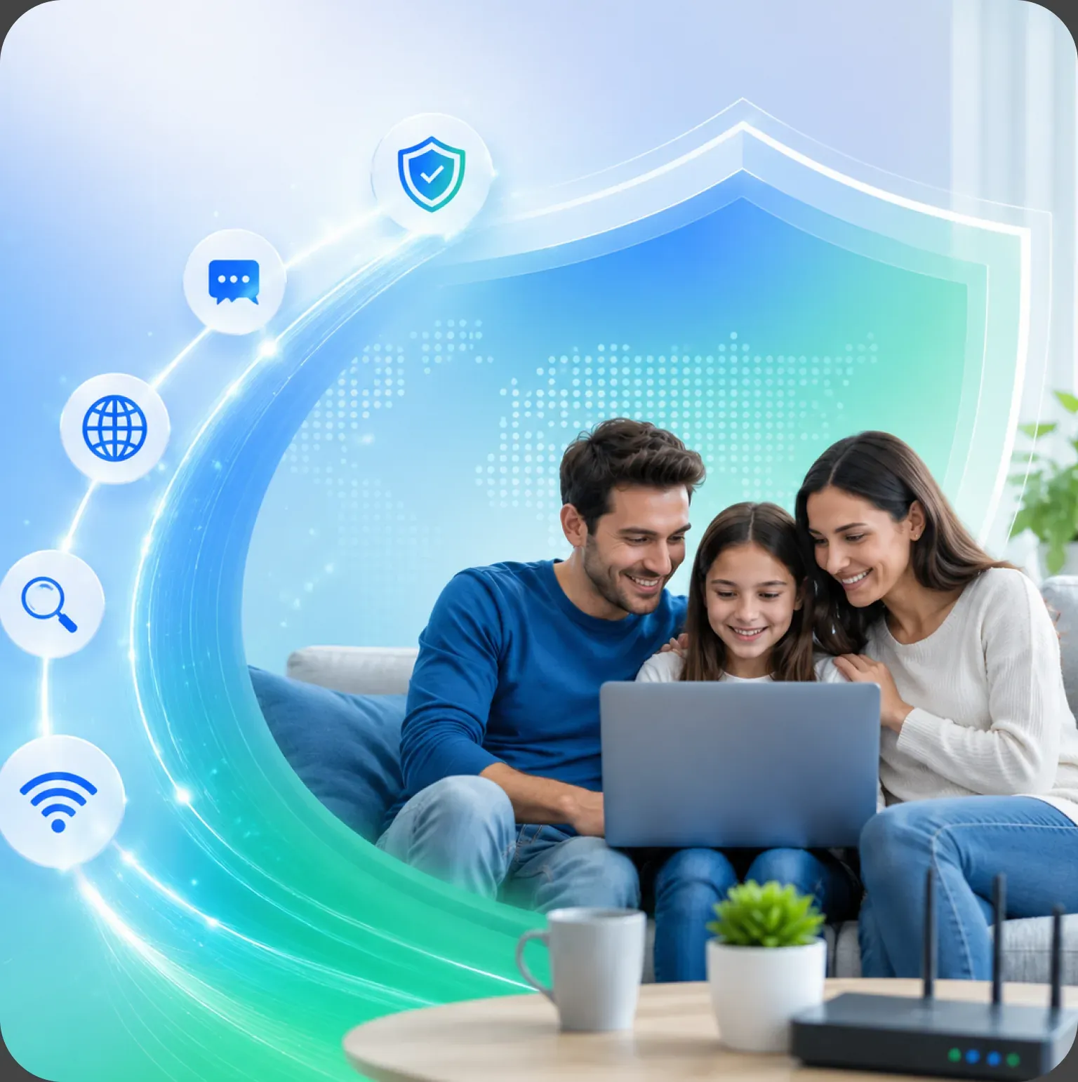 A family using a laptop together on the sofa, protected internet decisions represented by a shield icon