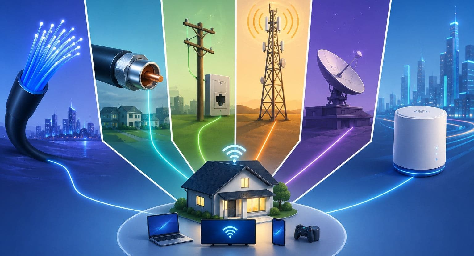 A house connected by glowing lines to six icons representing fiber optic cable, coaxial cable, a utility pole, a cell tower, a satellite dish and a city skyline, with a laptop, TV, tablet and game console shown outside the house