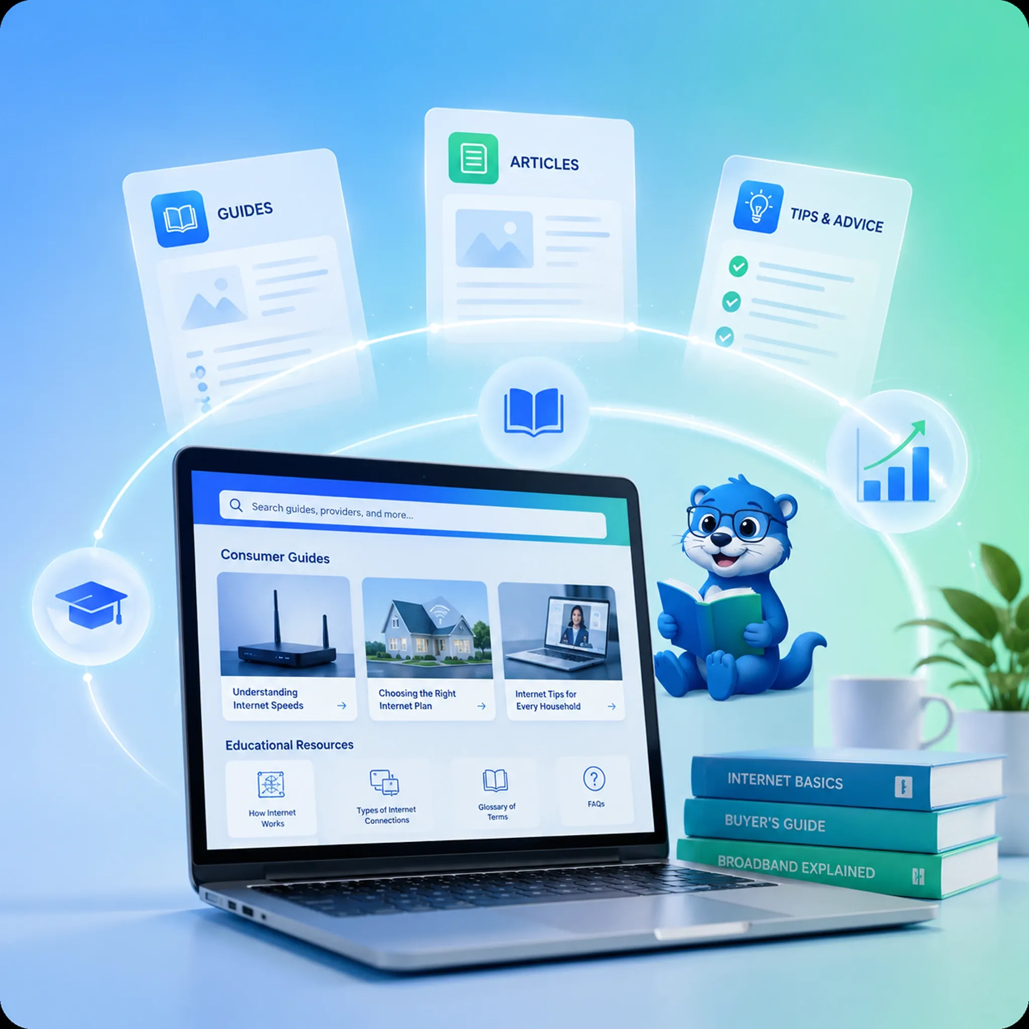 A laptop showing consumer guides and educational resources, with a mascot reading a book