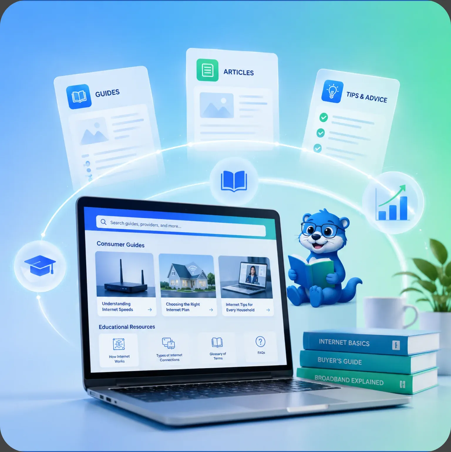A laptop showing consumer guides and educational resources, with a mascot reading a book