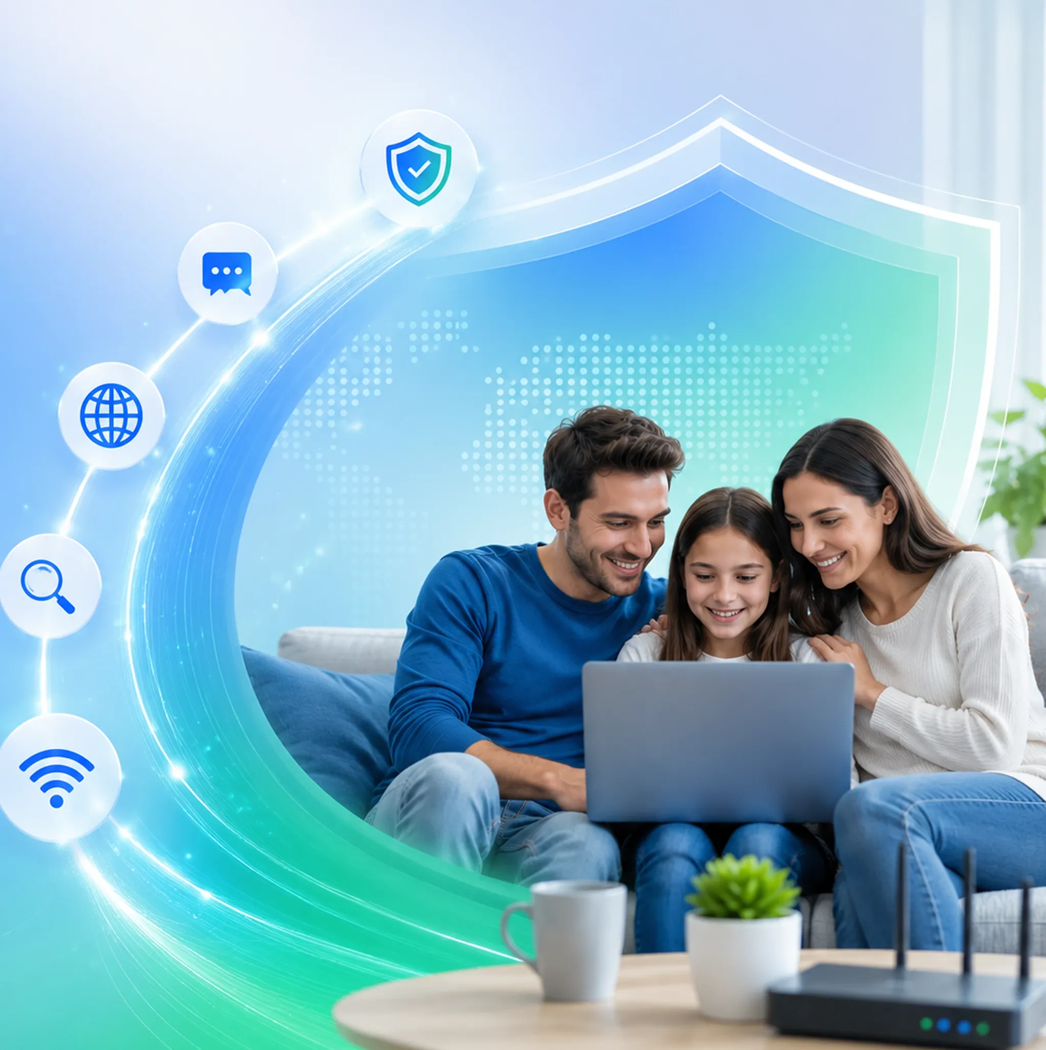 A family using a laptop together on the sofa, protected internet decisions represented by a shield icon